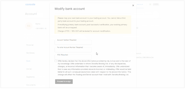 zerodha modify bank account