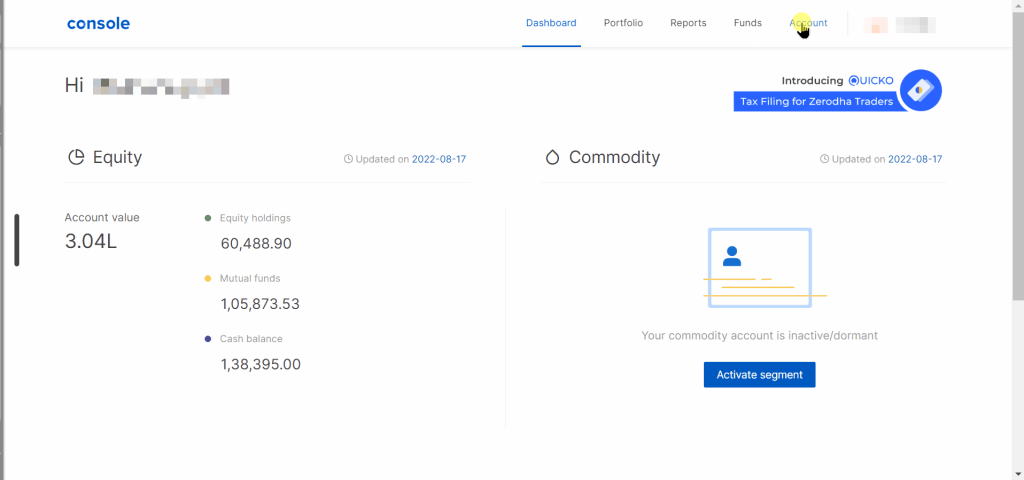 zerodha account section