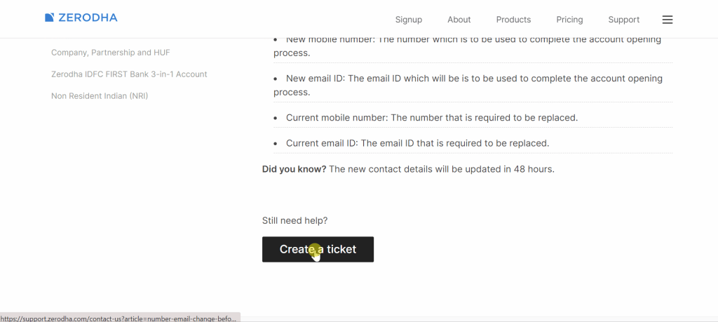 zerodha create ticket