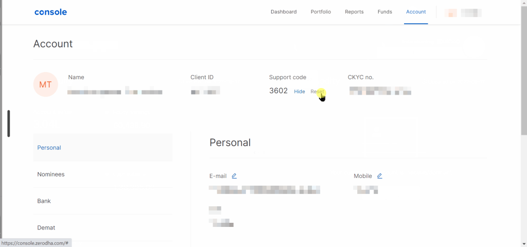 zerodha reset support code