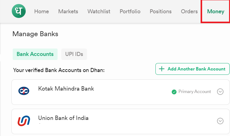 dhan primary bank account money