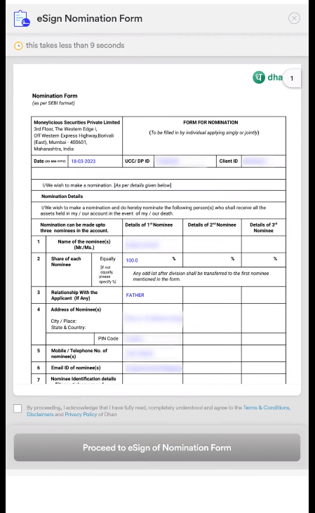 dhan esign nomination form